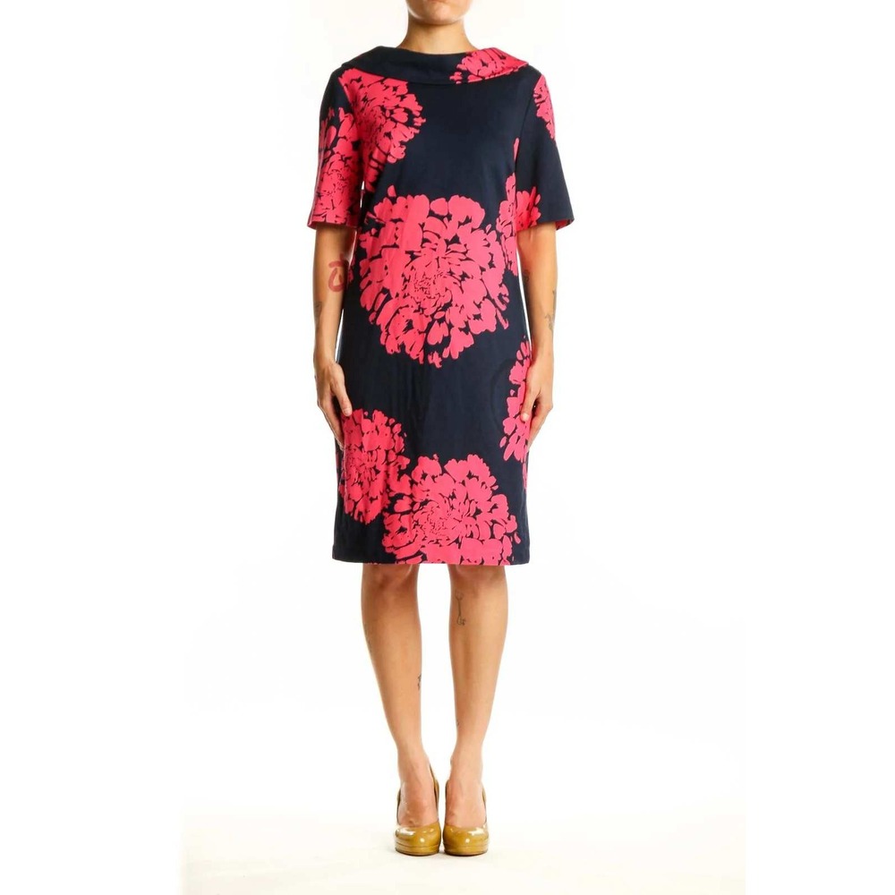 Trina Turk Navy Pink Floral Portrait Collar Shift Dress Size 10